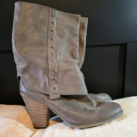 MIA brown faux leather mid calf pull on boots chunky heel fold over stud size 10 - Picture 1 of 11